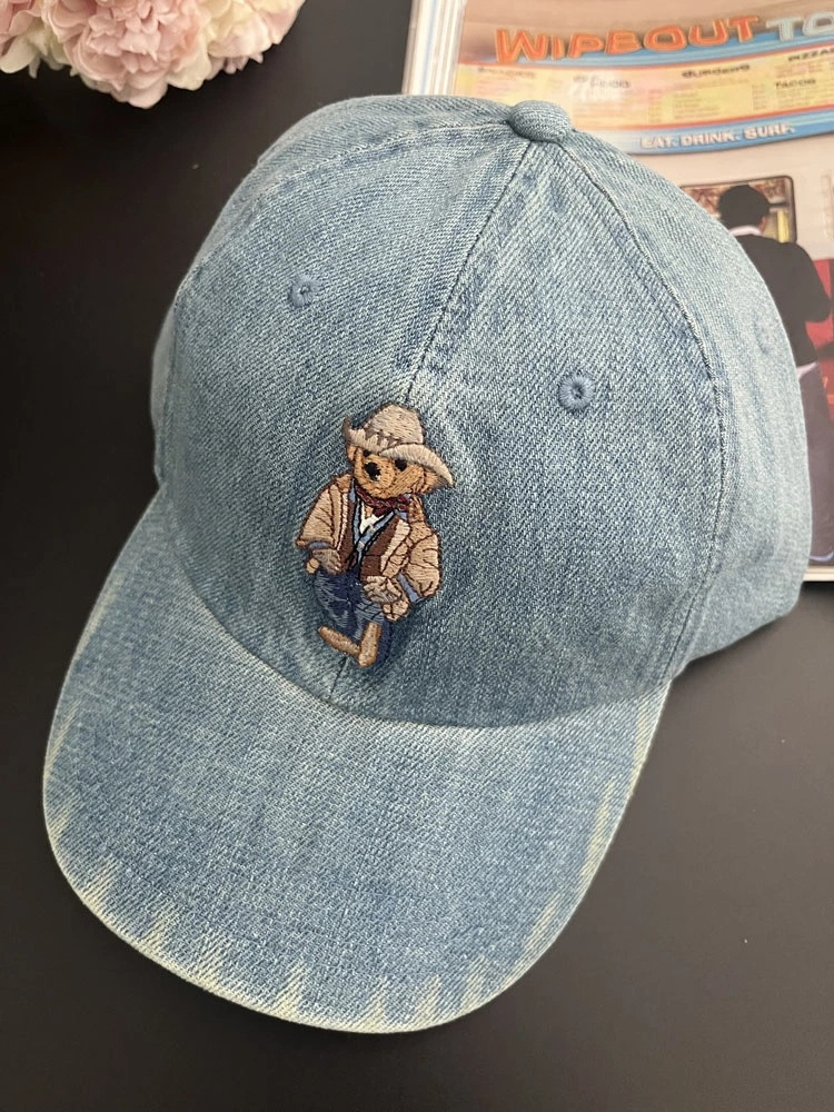 40430348 Denim Baseball Cap with Teddy Bear for Men and Women