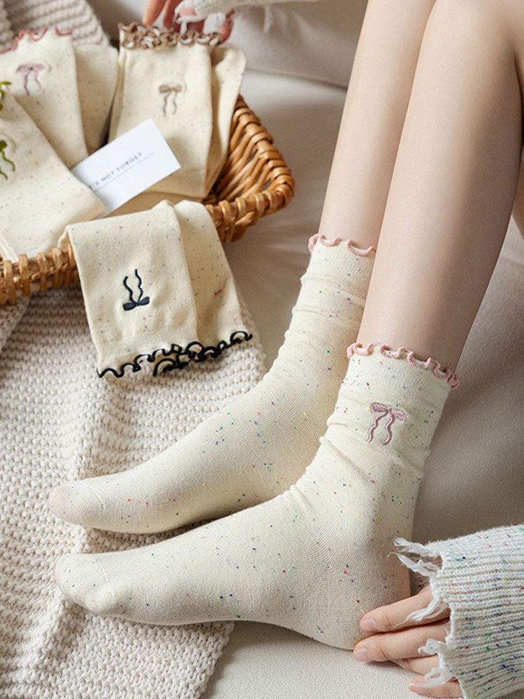 Bow socks cute wood ear lace mid-calf socks