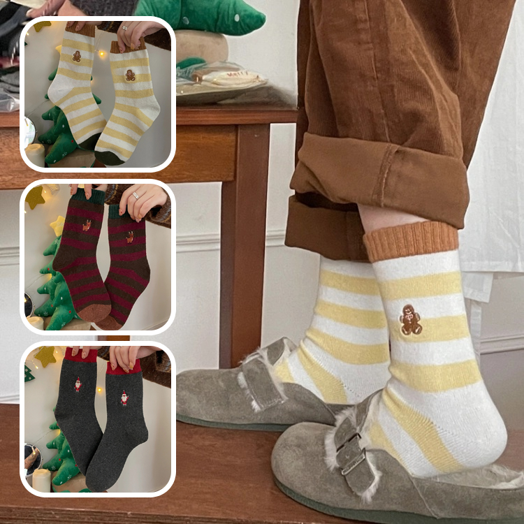 New Christmas wool socks, mid-calf striped women's socks