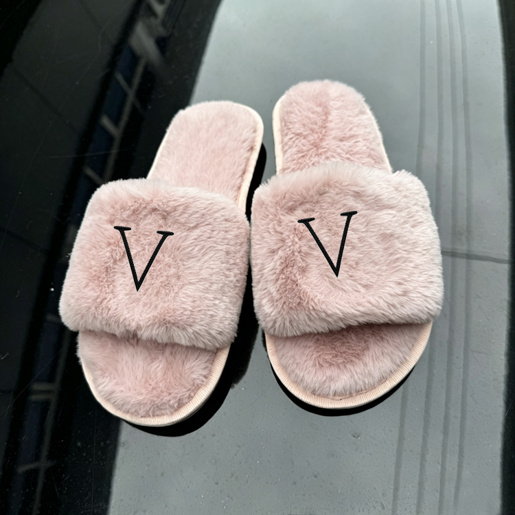 Women Fuzzy Plush Open‑Toe Slippers Soft Embroidered Non‑Slip Indoor House Slides - 51317377