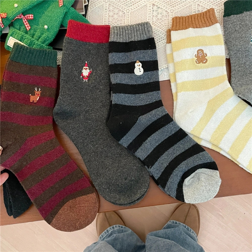 New Christmas wool socks, mid-calf striped women's socks