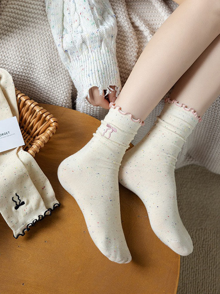 Bow socks cute wood ear lace mid-calf socks