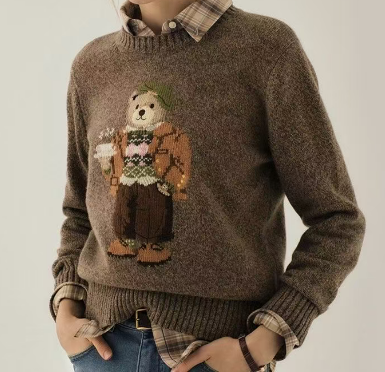 40381755 RL Bear autumn and winter round neck classic  coffee scarf bear New Year red  versatile sweater