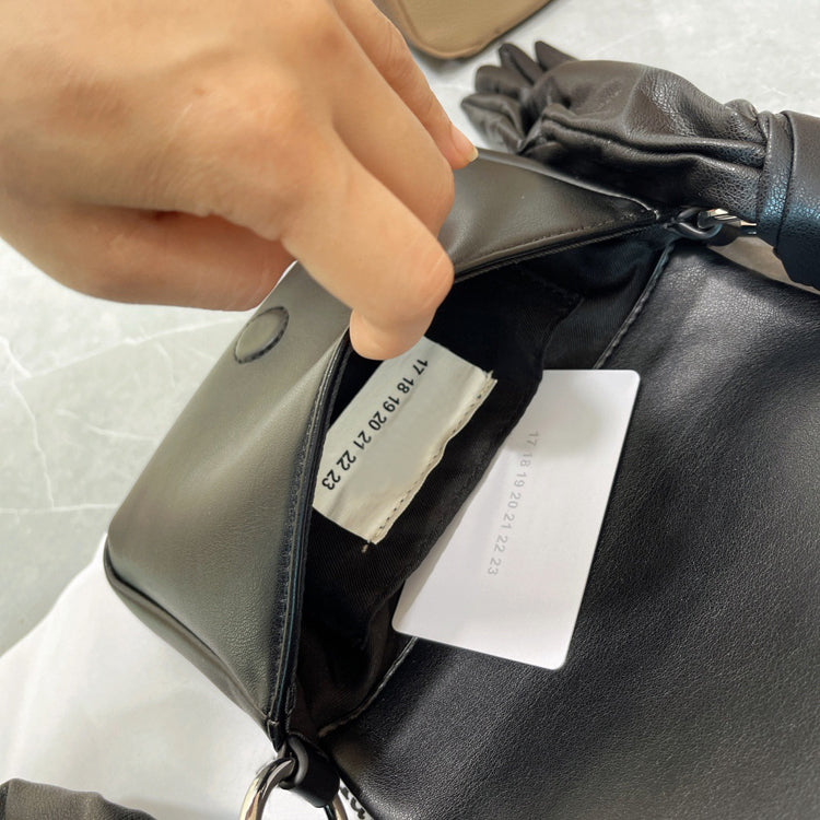 51166200 Black Leather Glove Strap Shoulder Bag Embossed Logo Mini Crossbody Handbag