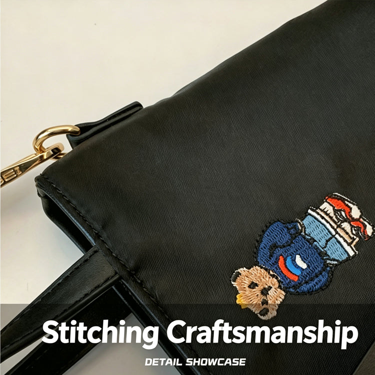 51170551 Mini Embroidery Bear Bucket Bag Top Handle Adjustable Strap Crossbody Shoulder Tote