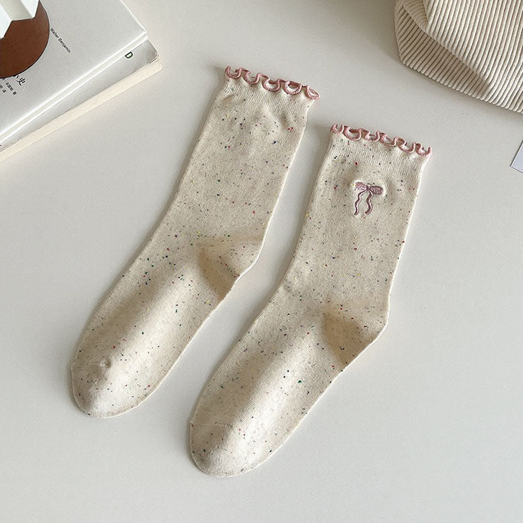Bow socks cute wood ear lace mid-calf socks
