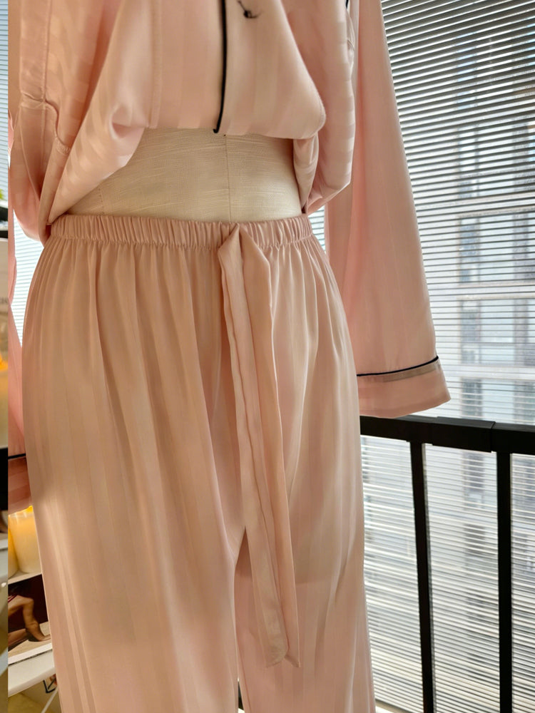 40452435 New pink striped pajamas for women, ice silk loungewear