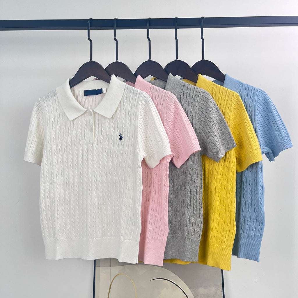 39613591 Women's Mini-Cable Cotton Polo Sweater - Short Sleeve Knit Top
