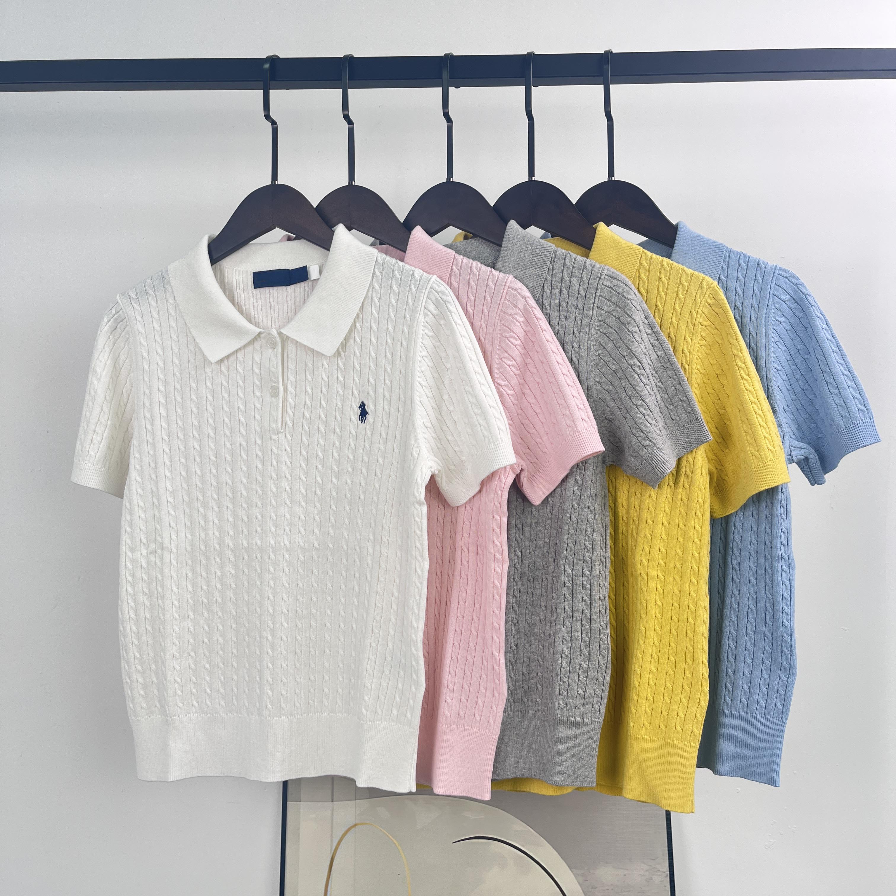 39613591 Women's Mini-Cable Cotton Polo Sweater - Short Sleeve Knit Top