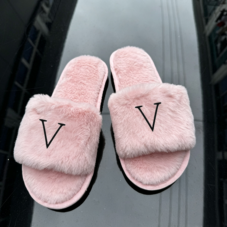 Women Fuzzy Plush Open‑Toe Slippers Soft Embroidered Non‑Slip Indoor House Slides - 51317377