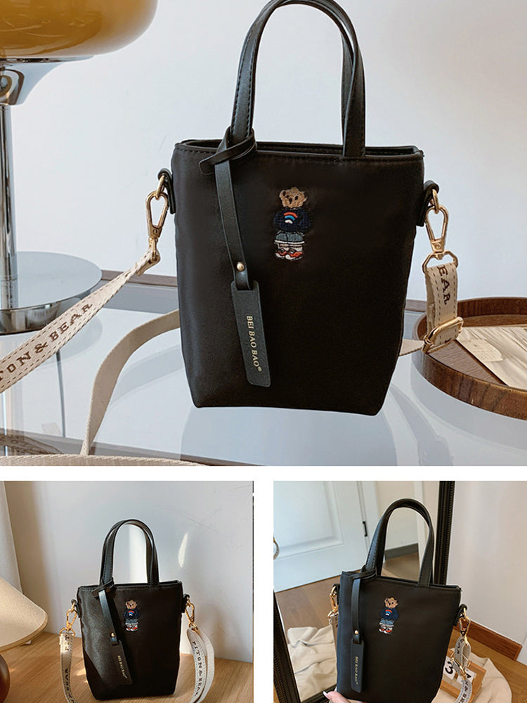 51170551 Mini Embroidery Bear Bucket Bag Top Handle Adjustable Strap Crossbody Shoulder Tote