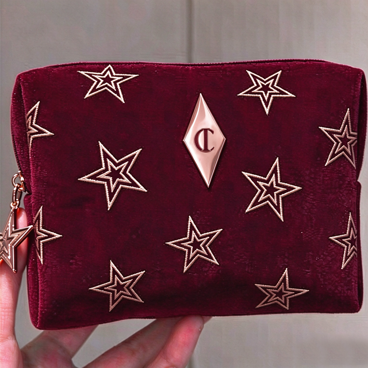 51357514 Burgundy Velvet Star Makeup Bag, Portable Cosmetic Pouch for Travel Makeup Storage