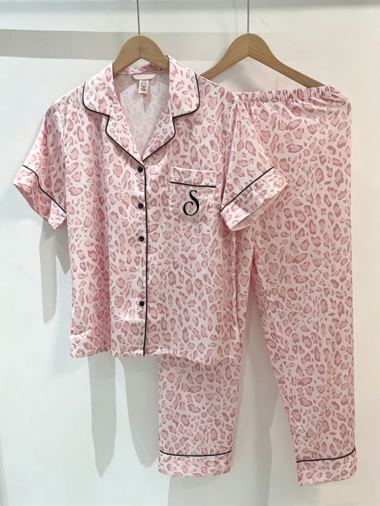 Pink Leopard Print Satin Pajama Set