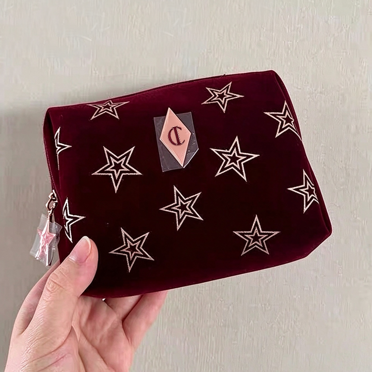 51357514 Burgundy Velvet Star Makeup Bag, Portable Cosmetic Pouch for Travel Makeup Storage