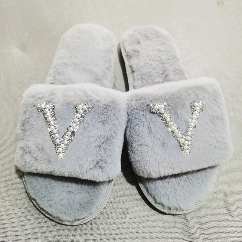 51334726 Women Fuzzy Plush Slippers Sparkling Rhinestone Logo Open Toe House Slippers for Indoor