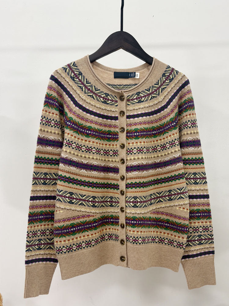 Women Vintage Fair Isle Pattern Knit Cardigan Long Sleeve Button Sweater - 40784324