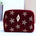 51357514 Burgundy Velvet Star Makeup Bag, Portable Cosmetic Pouch for Travel Makeup Storage