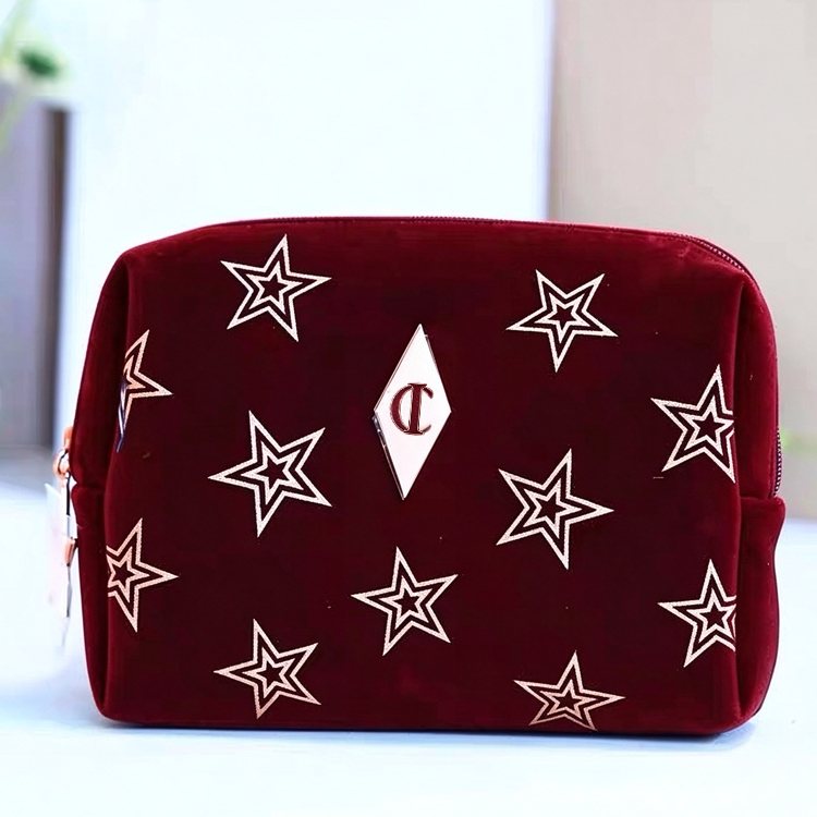 51357514 Burgundy Velvet Star Makeup Bag, Portable Cosmetic Pouch for Travel Makeup Storage