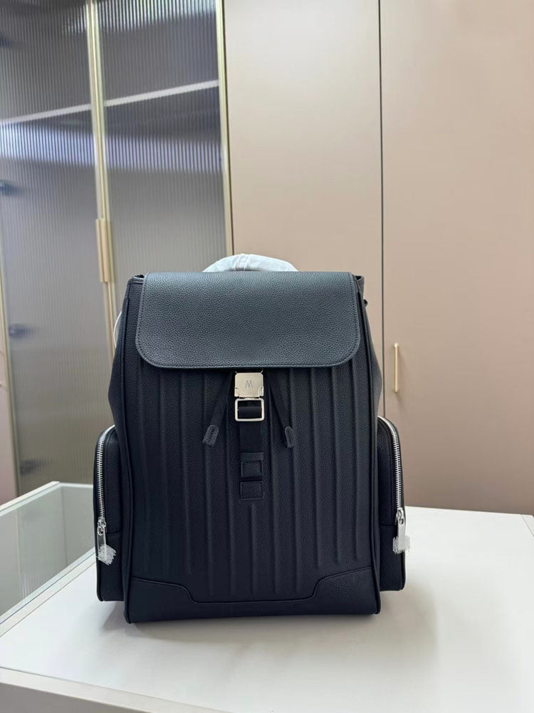 Genuine Cowhide Leather Backpack Vertical Stripe Travel Rucksack Large Capacity Laptop Bag for Men - 51309360