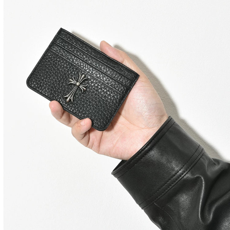 51170598 Black Pebble Leather Card Holder Silver Cross Metal Decor Slim Credit Card Wallet