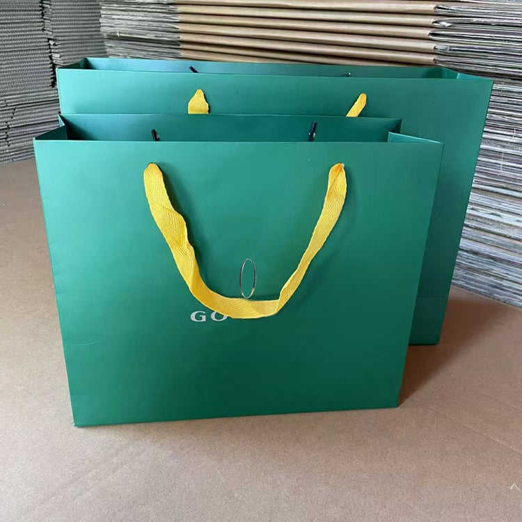 51185028 Dark Green Paper Gift Shopping Bag Yellow Handle Logo Print Retail Packaging Tote Bag