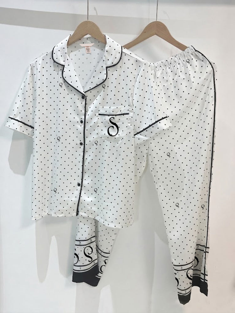 White Polka Dot Satin Pajama Set