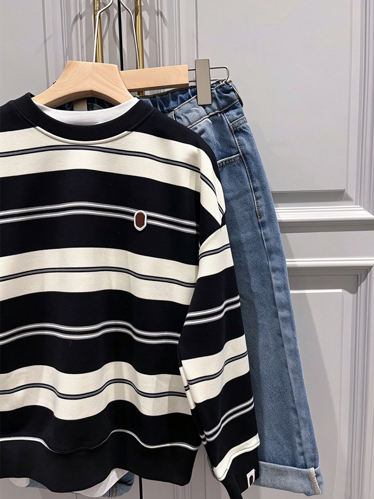 51366065 Kids Striped Crew Neck Sweatshirt Casual Long Sleeve Pullover Top