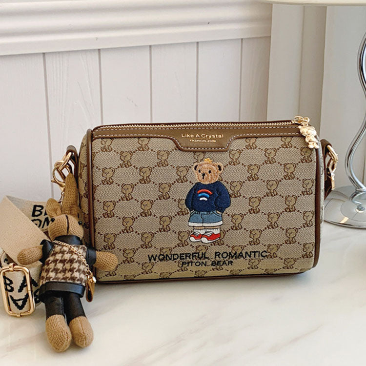 51156954 Mini Bear Print Pattern Crossbody Bag Wide Strap Small Cylinder Shoulder Handbag