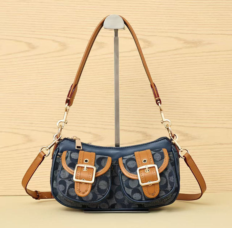 Vintage Buckle Baguette Shoulder Bag Retro Pattern Women’s Crossbody Underarm Handbag - 51262416