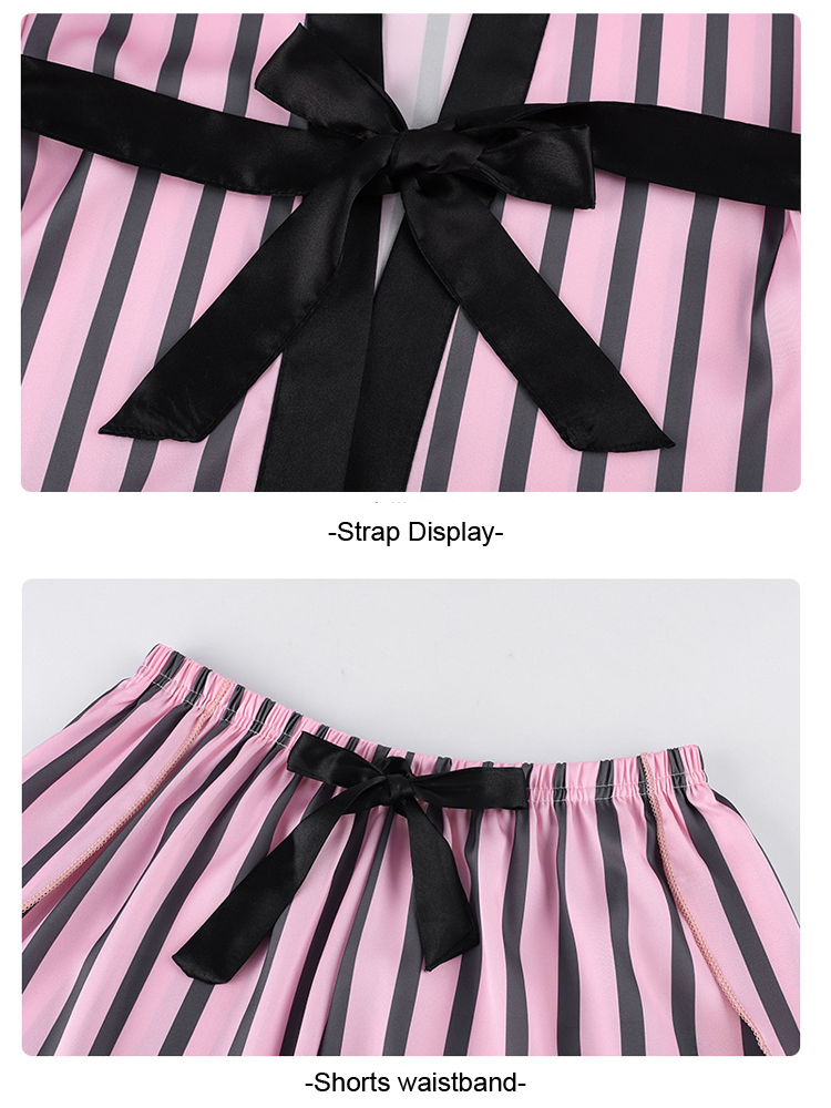 51194315 Women Striped Satin Pajama Set Lace Trim Robe Cami Top Shorts Long Pants Sleepwear