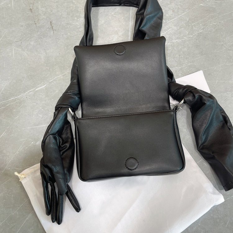 51166200 Black Leather Glove Strap Shoulder Bag Embossed Logo Mini Crossbody Handbag