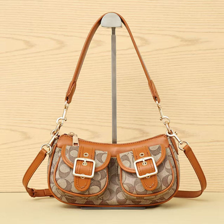 Vintage Buckle Baguette Shoulder Bag Retro Pattern Women’s Crossbody Underarm Handbag - 51262416