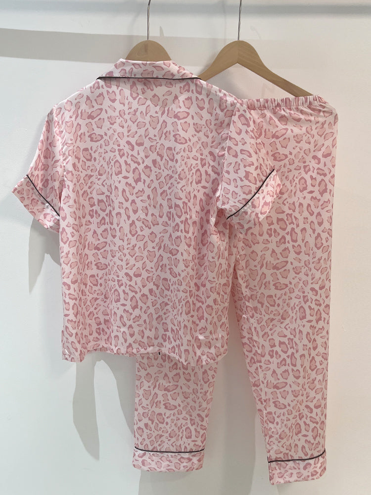Pink Leopard Print Satin Pajama Set