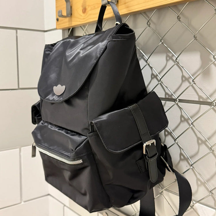 51166089 Black Drawstring Flap Backpack Embroidered Logo Multi Pocket Daily Travel Daypack