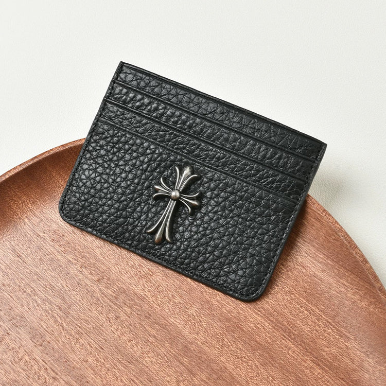 51170598 Black Pebble Leather Card Holder Silver Cross Metal Decor Slim Credit Card Wallet