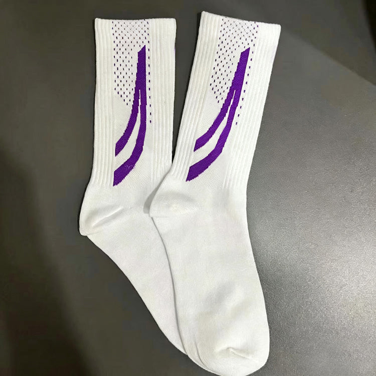 51166211 White Purple Graphic Crew Socks Breathable Mesh Athletic Sport Mid Calf Socks