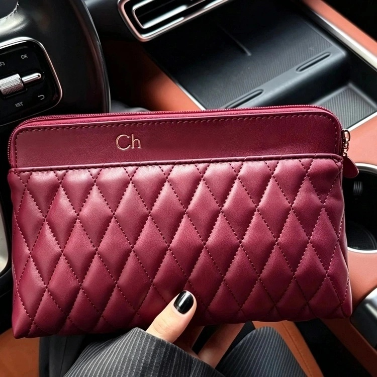 Quilted Makeup Pouch Diamond Pattern Cosmetic Storage Bag Zipper Travel Purse for Women - 51309350