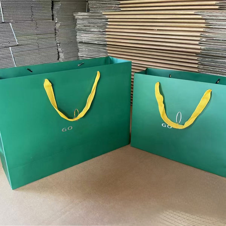 51185028 Dark Green Paper Gift Shopping Bag Yellow Handle Logo Print Retail Packaging Tote Bag