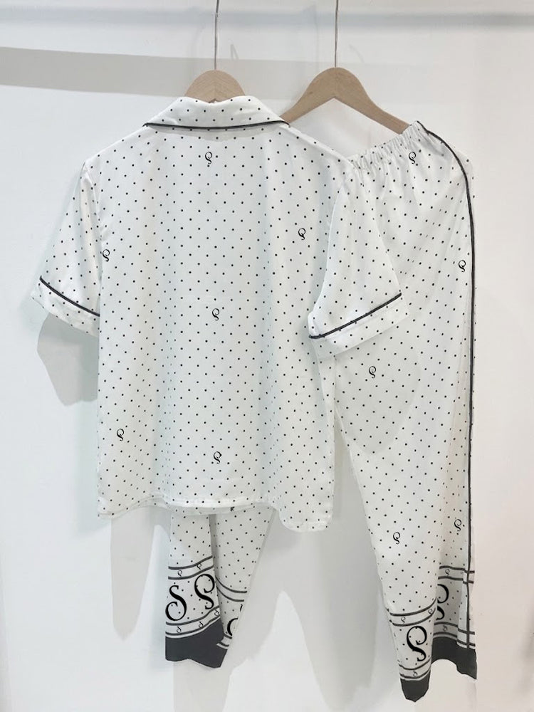 White Polka Dot Satin Pajama Set