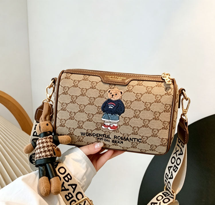 51156954 Mini Bear Print Pattern Crossbody Bag Wide Strap Small Cylinder Shoulder Handbag