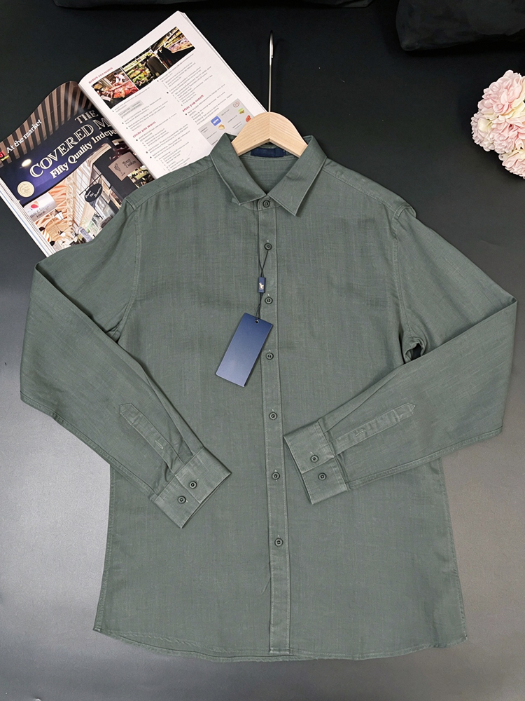 40823776 Men's Linen Button Down Shirt Long Sleeve Classic Embroidered Logo Casual Shirt