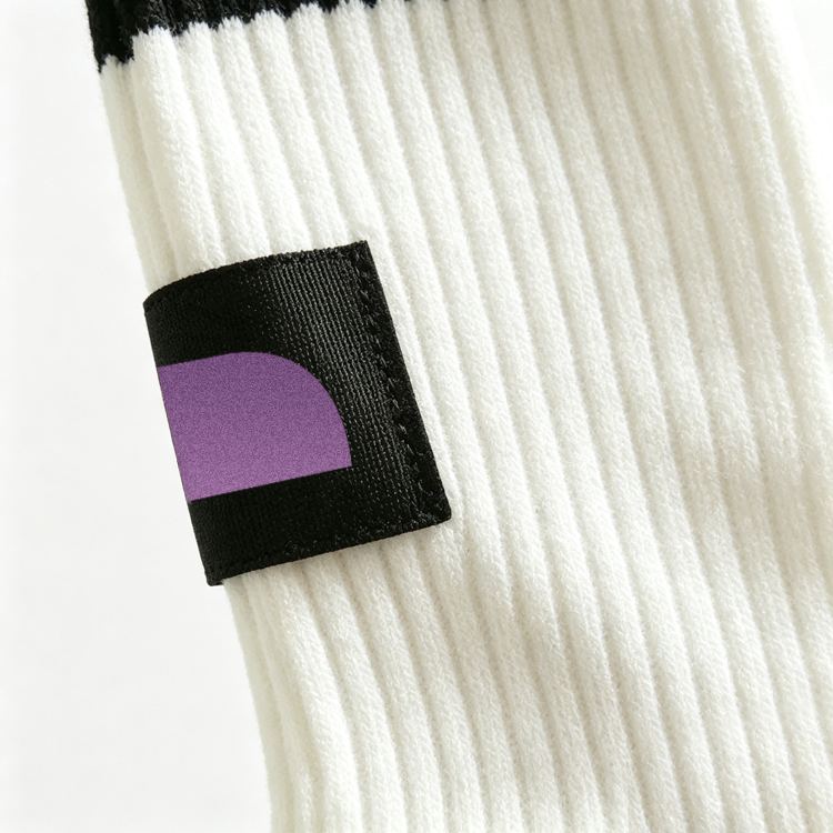51170515 White Black Double Stripe Crew Socks Ribbed Knit Logo Label Casual Mid Calf Socks
