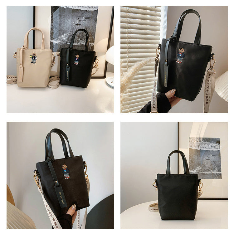 51170551 Mini Embroidery Bear Bucket Bag Top Handle Adjustable Strap Crossbody Shoulder Tote