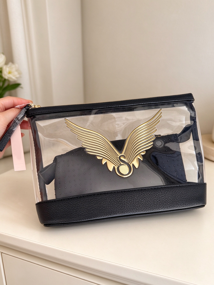 51379949 Clear PVC Makeup Bag with Gold Wing Logo, Black Rhinestone Cosmetic Pouch（2-Piece Set）