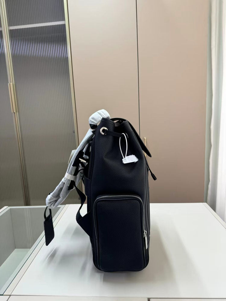 Genuine Cowhide Leather Backpack Vertical Stripe Travel Rucksack Large Capacity Laptop Bag for Men - 51309360