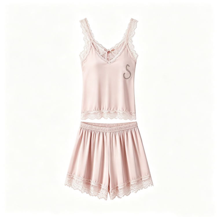 51194325 Women Satin Pajama Set Lace Trim Sleepwear Robe Cami Top Shorts Long Pants Loungewear