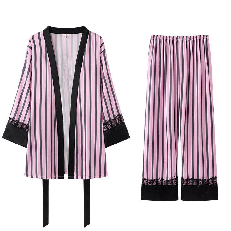 51194315 Women Striped Satin Pajama Set Lace Trim Robe Cami Top Shorts Long Pants Sleepwear
