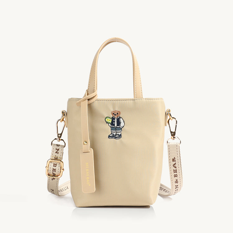51170551 Mini Embroidery Bear Bucket Bag Top Handle Adjustable Strap Crossbody Shoulder Tote