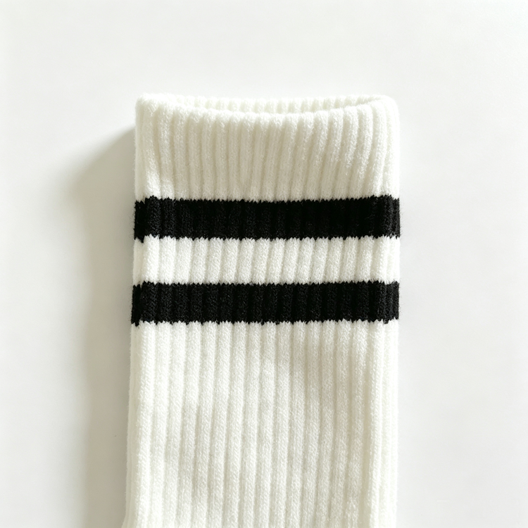 51170515 White Black Double Stripe Crew Socks Ribbed Knit Logo Label Casual Mid Calf Socks