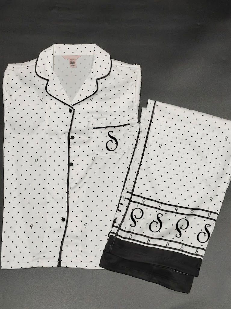 White Polka Dot Satin Pajama Set